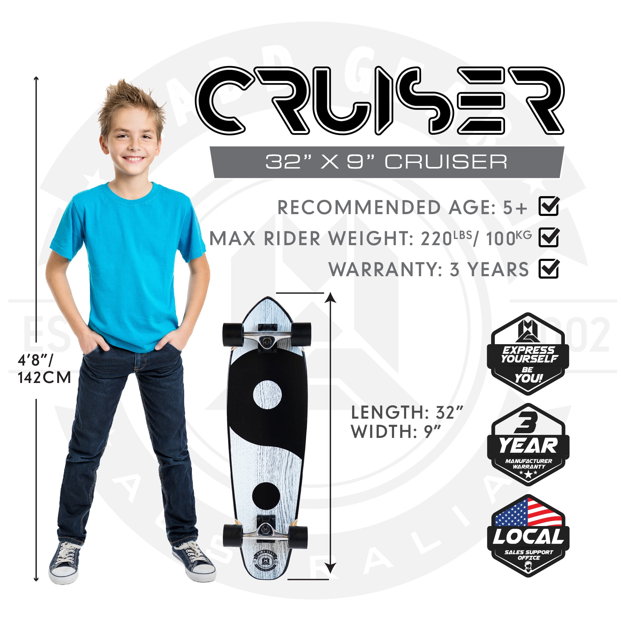 Madd Gear 32" Cruiser Skateboard - Balance- 62mm Wheels with ABEC 7 Bearings