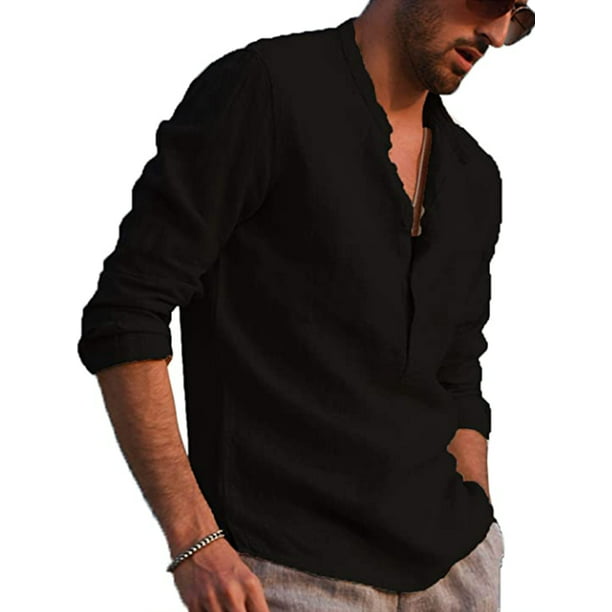MAWCLOS Casual Long Sleeve Henley T Shirts Button Loose Grandad Collar Shirt Tops -