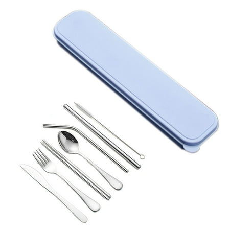 

Thinsont 8PCS Portable Reusable Spoon Fork Travel Chopsticks Tableware Set blue