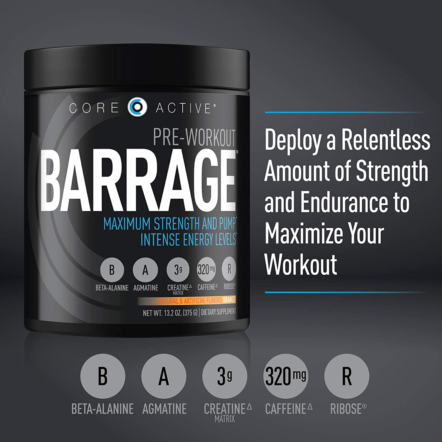 Core Active Barrage Pre Workout Maximum Strength And Endurance Extreme Pump With Creatine Intense Energy Mental Focus And Improved Workout Performance Preworkout For Men Orange 30 Servings Walmart Com
