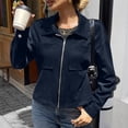 thumbnail image 3 of PRINxy Women's Long Sleeve Notch Lapel Full Zip Cropped Jacket with Faux Suede and Chest Pockets for Fall Winter Casual Navy S, 3 of 7