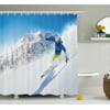 Winter Shower Curtain, Skier Skiing Downhill in High Mountains Extreme Winter Sports Hobby Activity, Fabric Bathroom Set with Hooks, 69W X 84L Inches Extra Long, Blue White Yellow, by Ambesonne