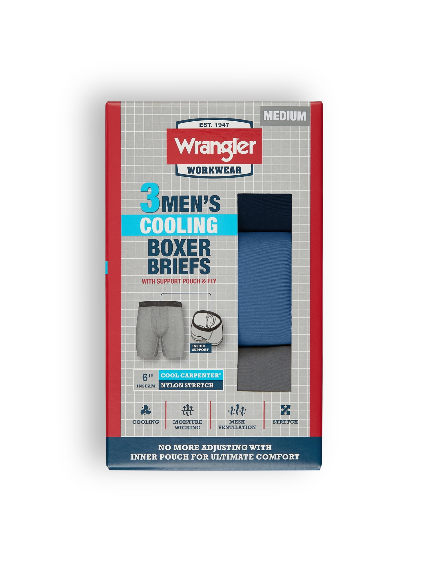 Wrangler Cool Carpenter 6" Boxer Briefs Men's Underwear, Medium, Federal Blue/Navy/Charcoal, 3-Pack