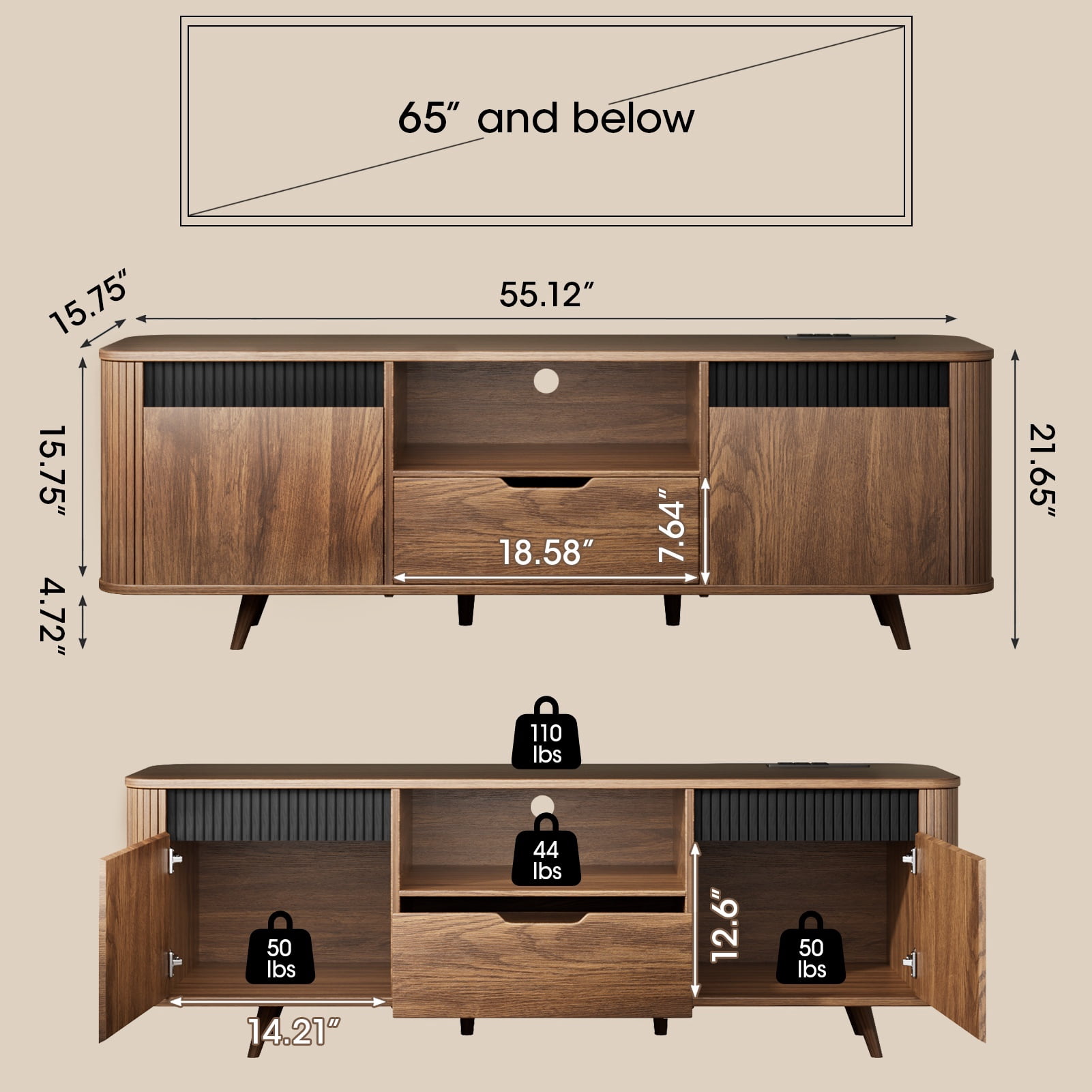 Tydimor TV Cabinet Stands for TVs up to 65", Entertainment Center with Storage Shelf & Outlet, Media Console Table with Drawers for Living Room