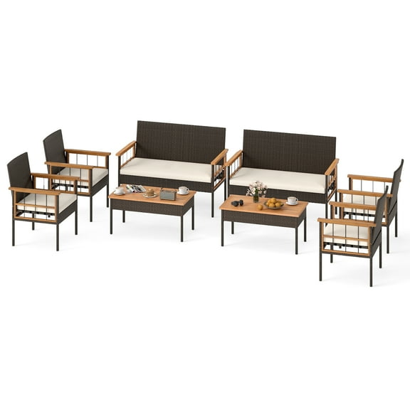 Gymax Set of 8 Wicker Furniture Set w/Acacia Wood Tabletop Armrests Cushions for Backyard White