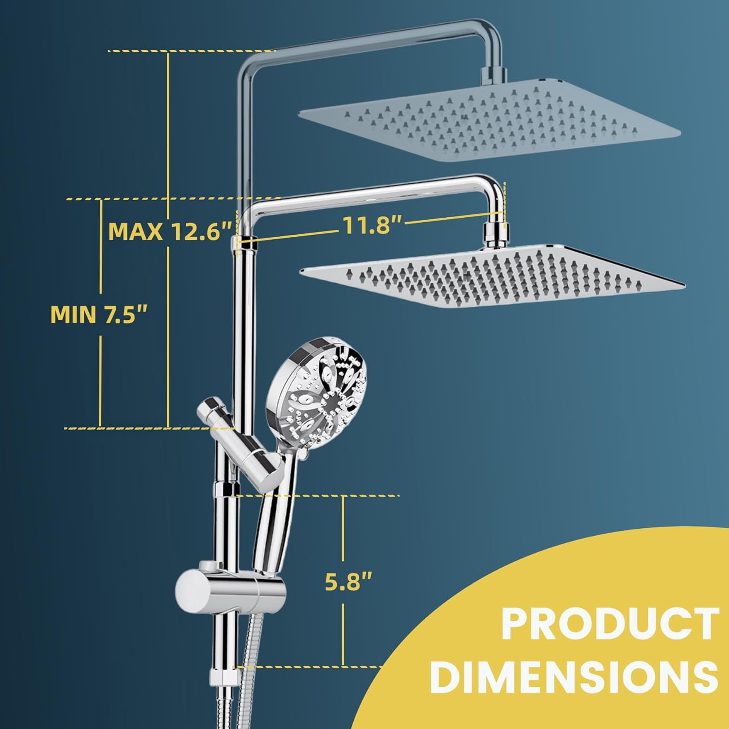 ROSYNEY 12 Inch Rain Shower Head with 8-Setting Handheld Spray Combo, Metal Height Adjustable Shower Arm, Slide Bar with Holder, Stainless Steel Hose, Chrome