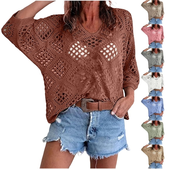 YanHoo Plus Size Shirts for Women Crochet 3/4 Sleeve Solid Color Blouses Trendy Hollow Out T-Shirts Summer Casual Beach Vacation Tee