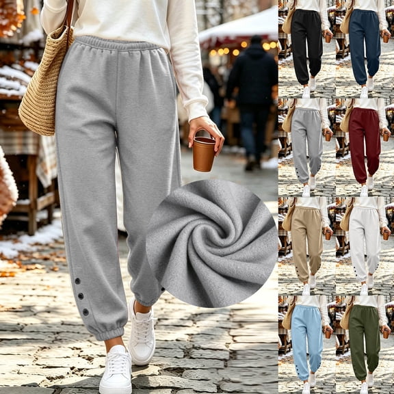 Womens Joggers Sweatpants with Pockets Baggy High Waisted Lounge Athletic Gray Button Trim Hem Sweat Pants Size L