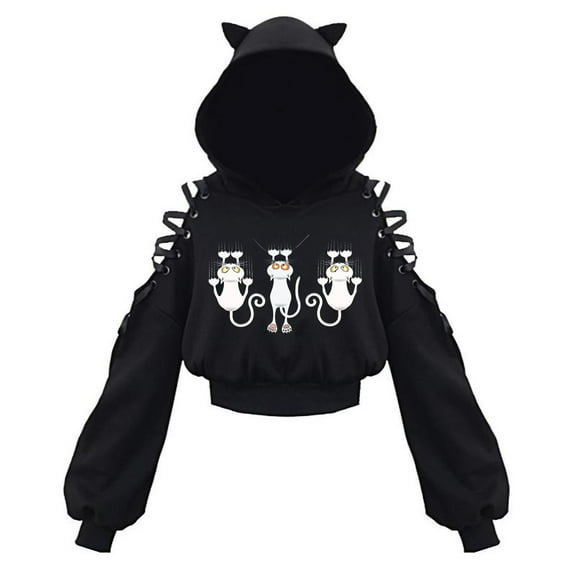 Fesfesfes Women Hooded Cat Ear Hoodie Pullover Long Sleeve Hooded Sweatshirt Cute Blouse Tops on