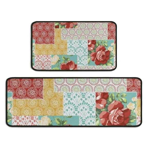 Pioneer Flower Floral Print Pattern Kitchen Rugs Sets Of 2,Anti Fatigue Kitchen Mat Rugs Non Slip Washable,Decorative Kitchen Floor Mats for Kitchen,Sink,Laundry,17"X30" 17"X47"