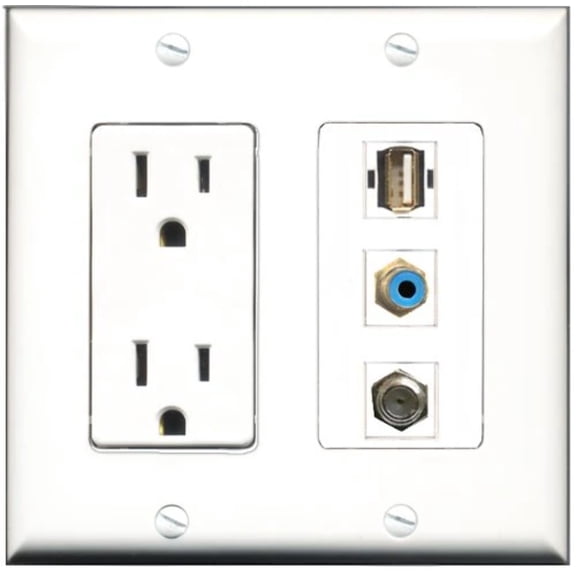 RiteAV - 15 Amp Power Outlet 1 Port RCA Blue 1 Port Coax 1 Port USB A-A Decorative Wall Plate