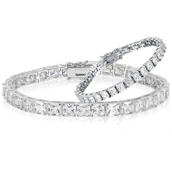 18K White Gold Plated 5MM Cubic Zirconia Emerald Cut Classic Graduation Tennis Bracelet for Women Men Girls 7.0 inch