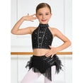 thumbnail image 5 of Hansber Kids Girls Latin Jazz Dance 2 Piece Outfit Rhinestone Crop Top and Tassel Feather Skirted Briefs Black 16, 5 of 7