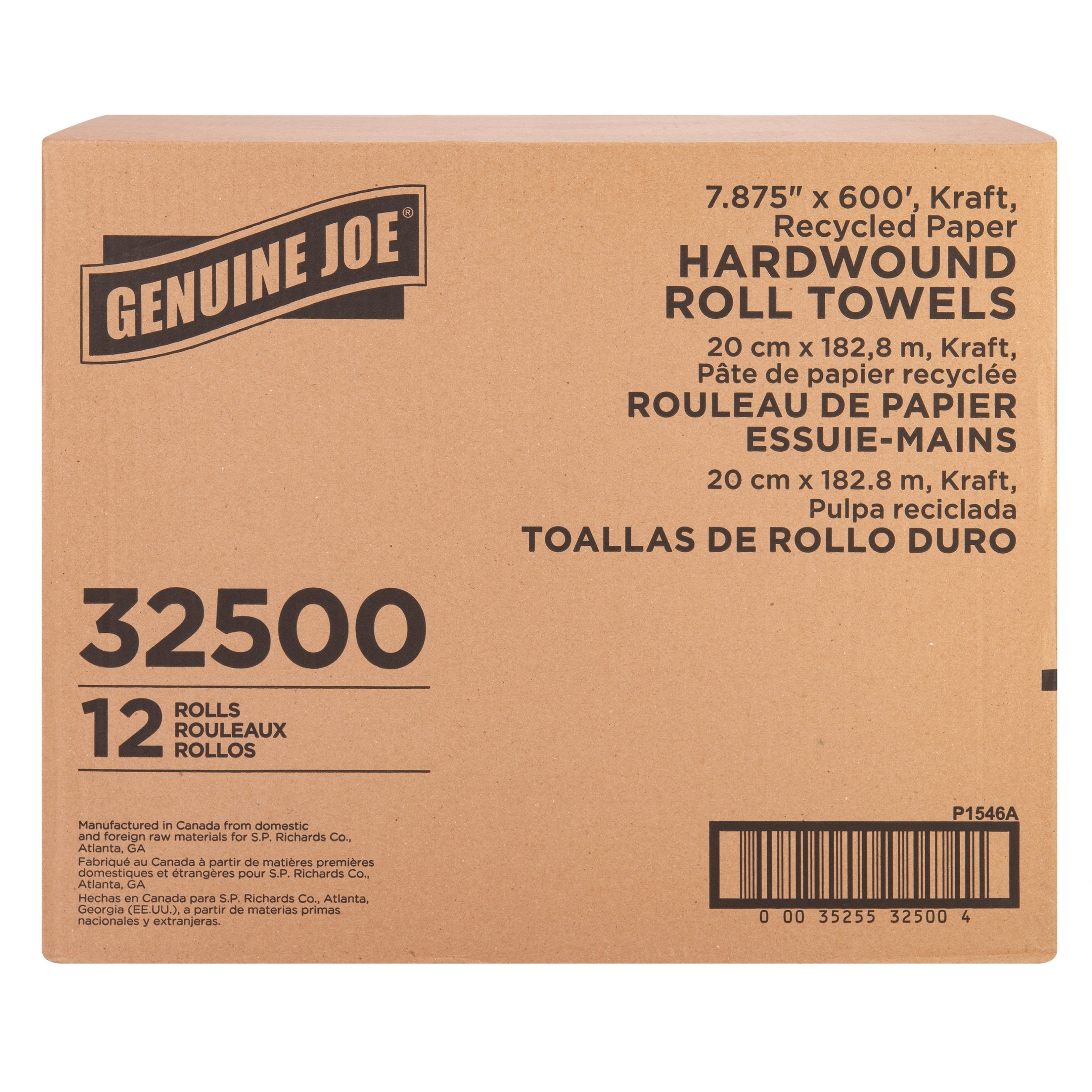 Genuine Joe Embossed Hardwound Roll Paper Towels, 2" Core, Carton of 12