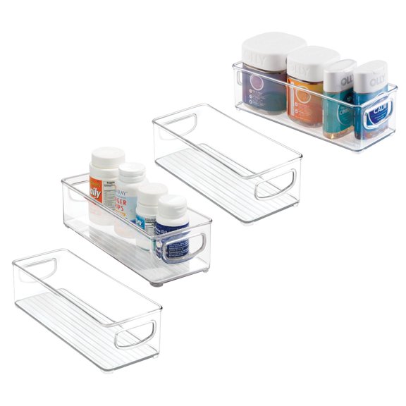 mDesign Small Plastic Bathroom Beauty Storage Bin with Handles, 4 Pack, Clear