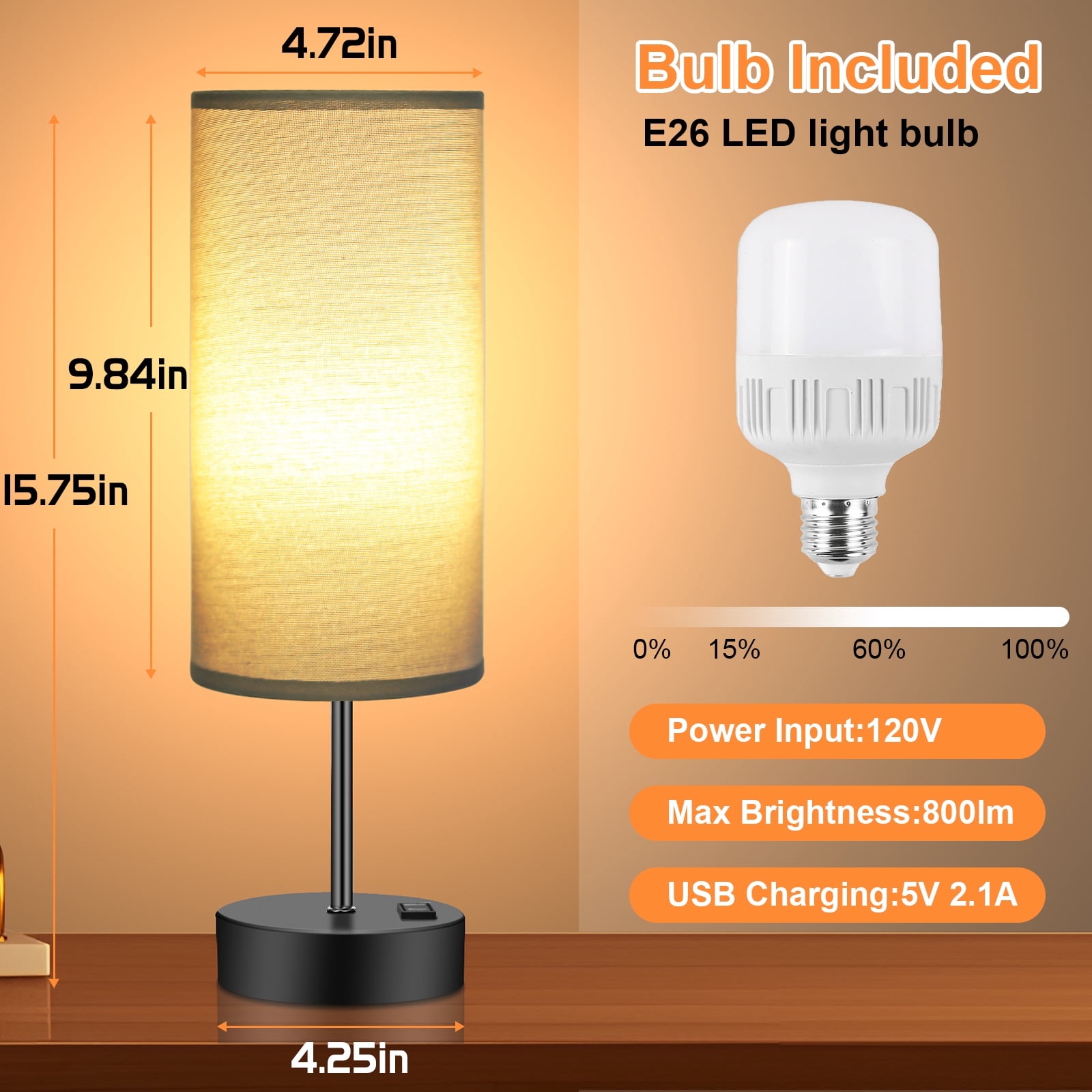 Table Lamps for Bedroom, 3 Way Dimmable Touch Control Bedside Lamp with USB C+A Fast Charging Ports, Nightstand Lamp for Office, Living Room, Reading(E26 Light Bulb Included), Grey