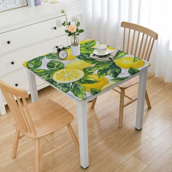 BANET Summer Fitted Tablecloth Spandex Eastic Table Cover Square Yellow Lemon Small Side Table Cloth for Spring Living Room Dining Home Party white