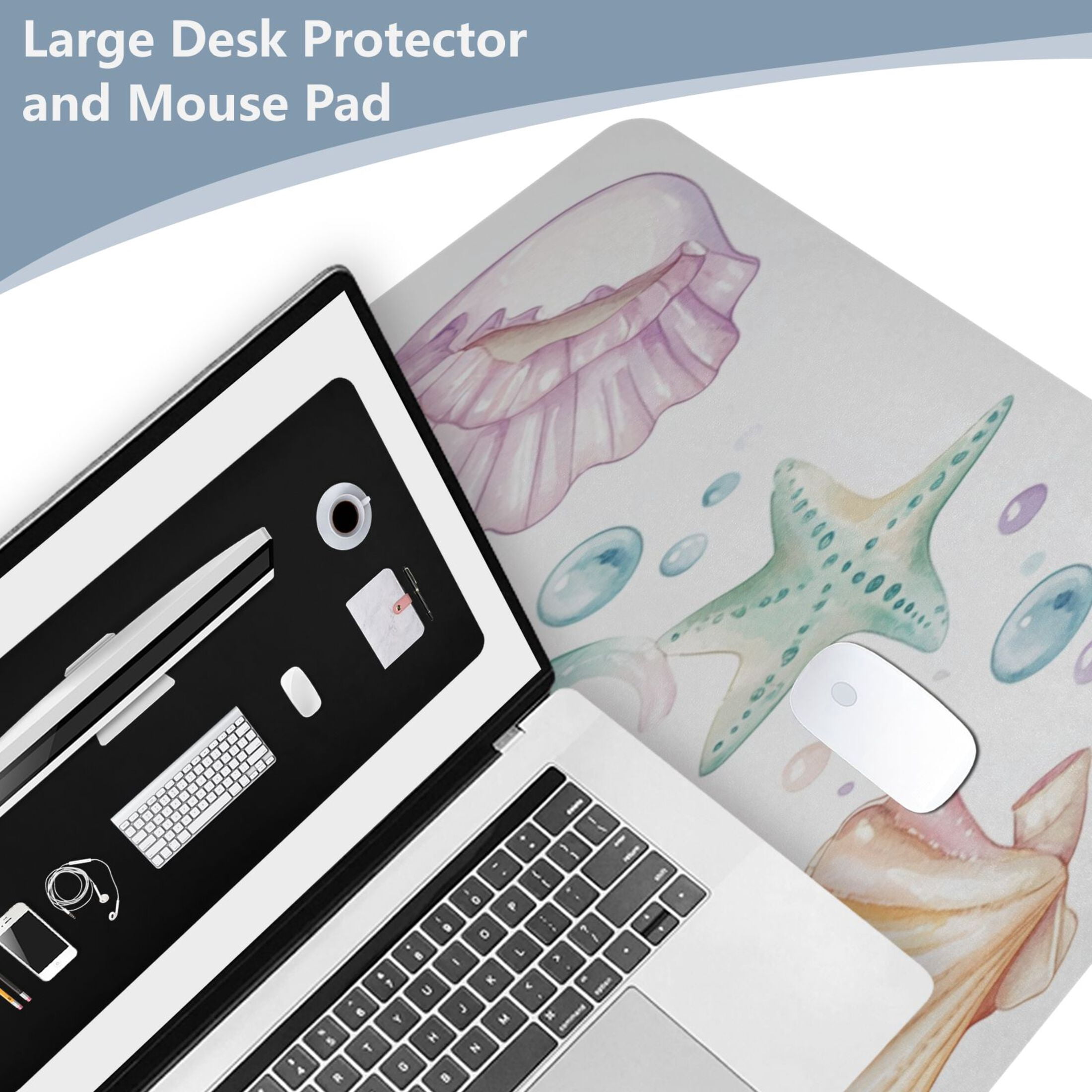Wobogo Jellyfish Shell Figure Gaming Mouse Pad Non-slip Leather Desk Mat Water Resist Keyboard Pad for Gamer Office 23.6×47.2in