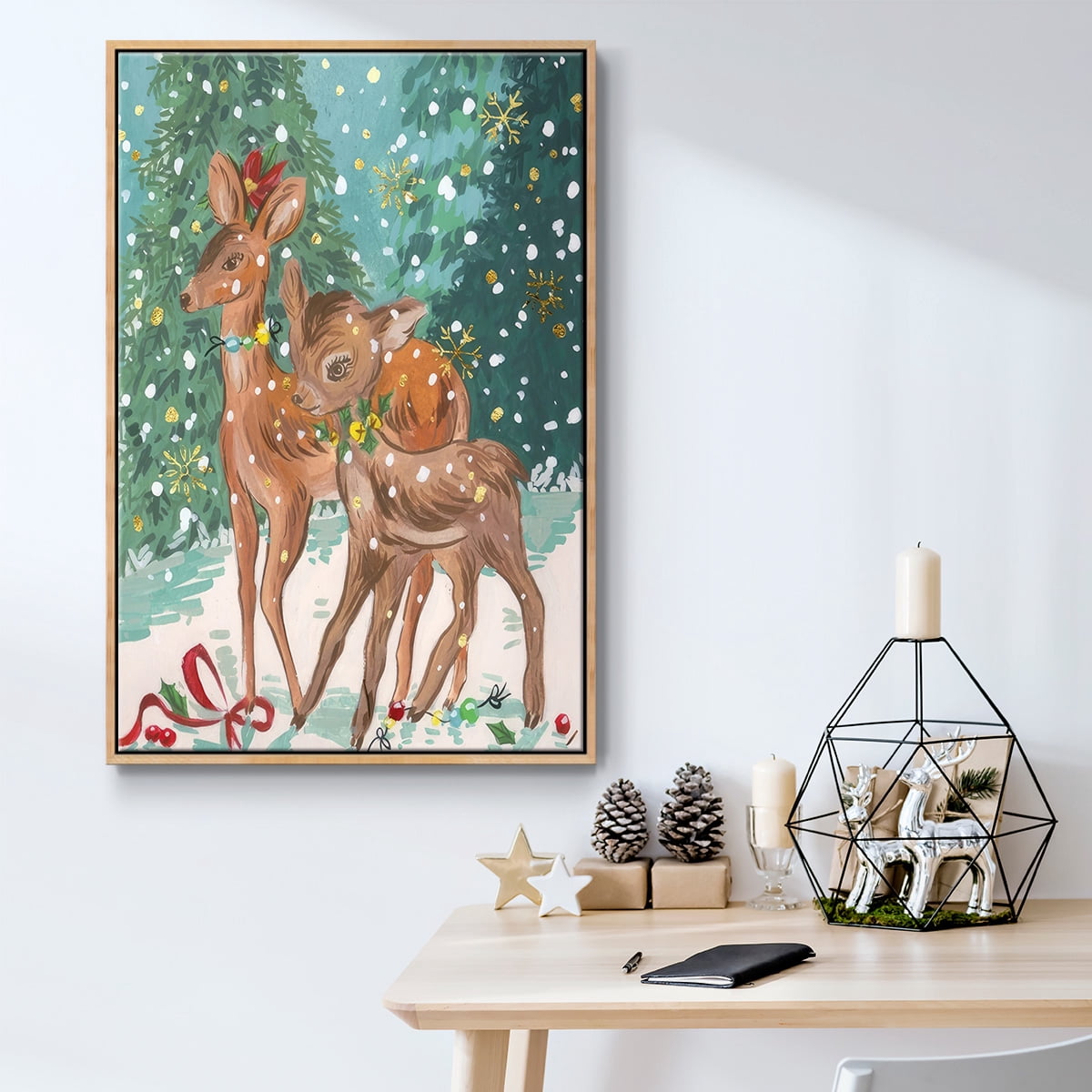 Doe and Fawn I - Framed Gallery Wrapped Holiday Canvas - 25 x 37 - Natural Wood Frame