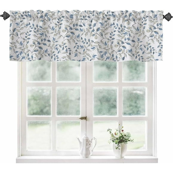 Curtain Valances for Windows,Grey and Blue Leaves Semi Sheer Valance Curtains,Abstract Botanical Leaves Window Valance Curtains,Short Rod Pocket Window Treatment for Kitchen 54"x18"