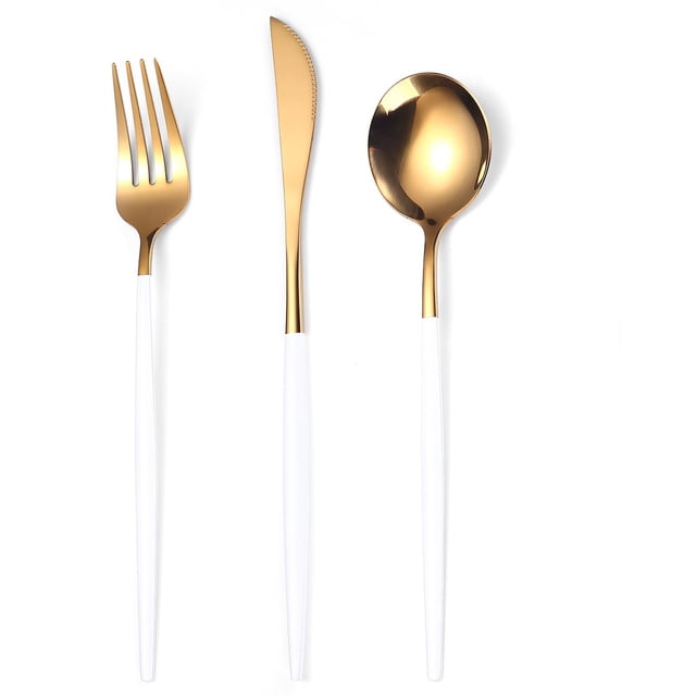 Ensemble de Couverts 3 Pcs 18/10 Acier Inoxydable Réutilisable Fourchettes Cuillères Couteaux, Ensemble de Couverts Poli Miroir, Idéal pour Réunions de Famille & Usage Quotidien (Or/blanc)