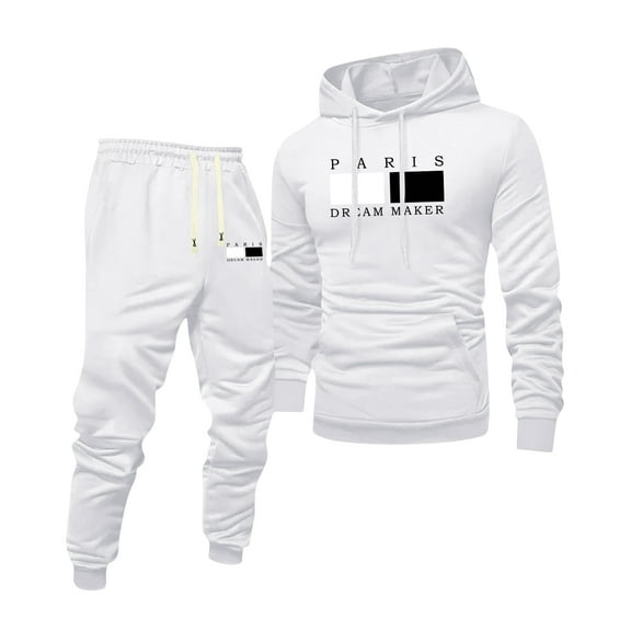 Dwelliawo Men's Tracksuits 2 Piece Set Solid Color Relaxed Fit Pullover Hoodies Joggers Running Pants Set Casual Fall Winter Suit with Pockets White 2XL