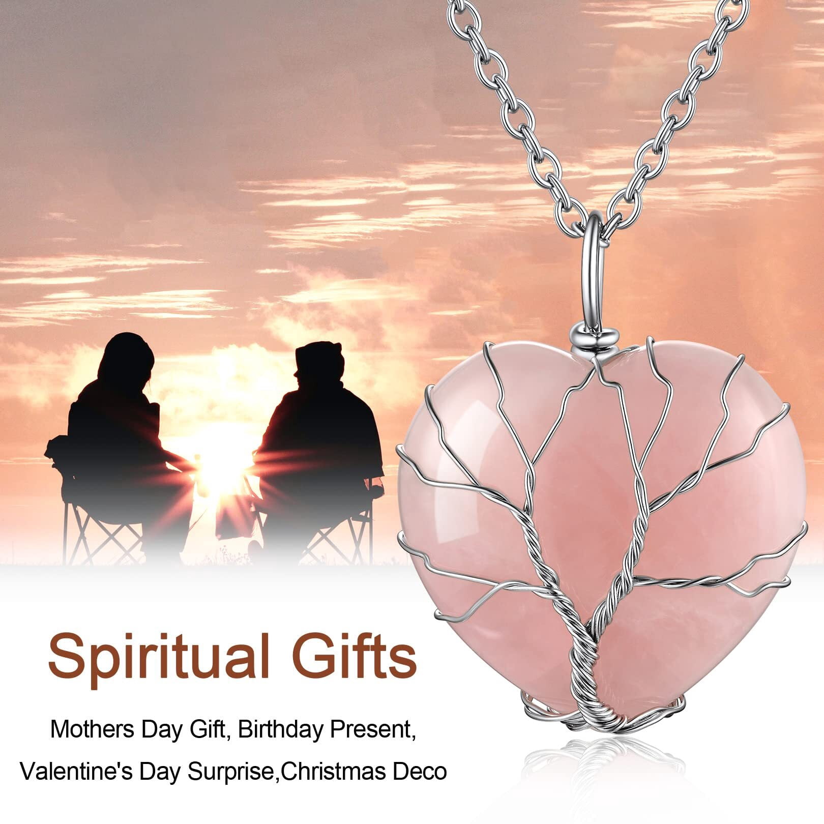 FOCALOOK October Natural Rose Quartz Heart Birthstone Necklaces for Women Wire Wrapped Tree of Life Necklace Spiritual Reiki Healing Crystal Stone Birthday Christmas Jewelry Gift