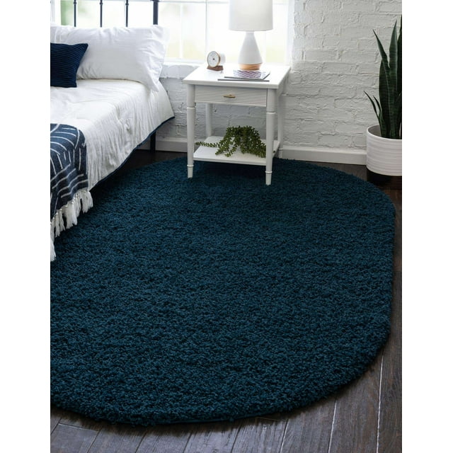 Unique Loom Solo Solid Shag Collection Area Modern Plush Rug Lush & Soft, 5' 0 x 8' 0 Oval, Navy Blue