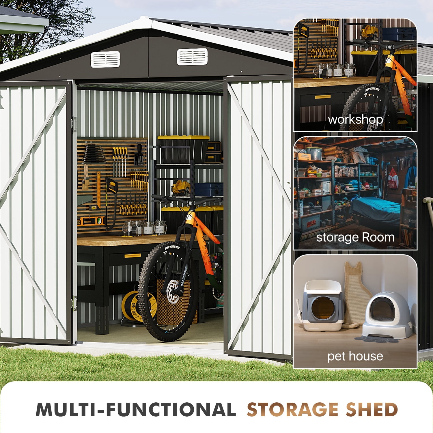 BaPiPro 10x12FT Outdoor Metal Storage Shed with Lockable Doors, Garden Tool Shed Bicycle Shed, Black