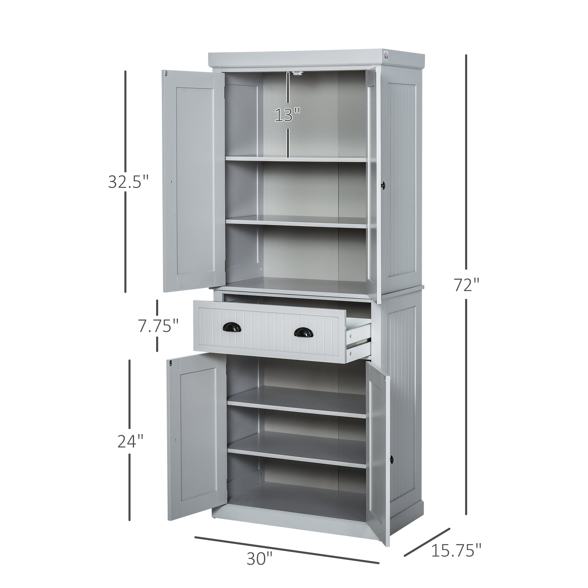 Siavonce Gray Freestanding Tall Kitchen Pantry, 72.4 in. H Kitchen Storage Cabinet Organizer with 4-Doors and Adjustable Shelves