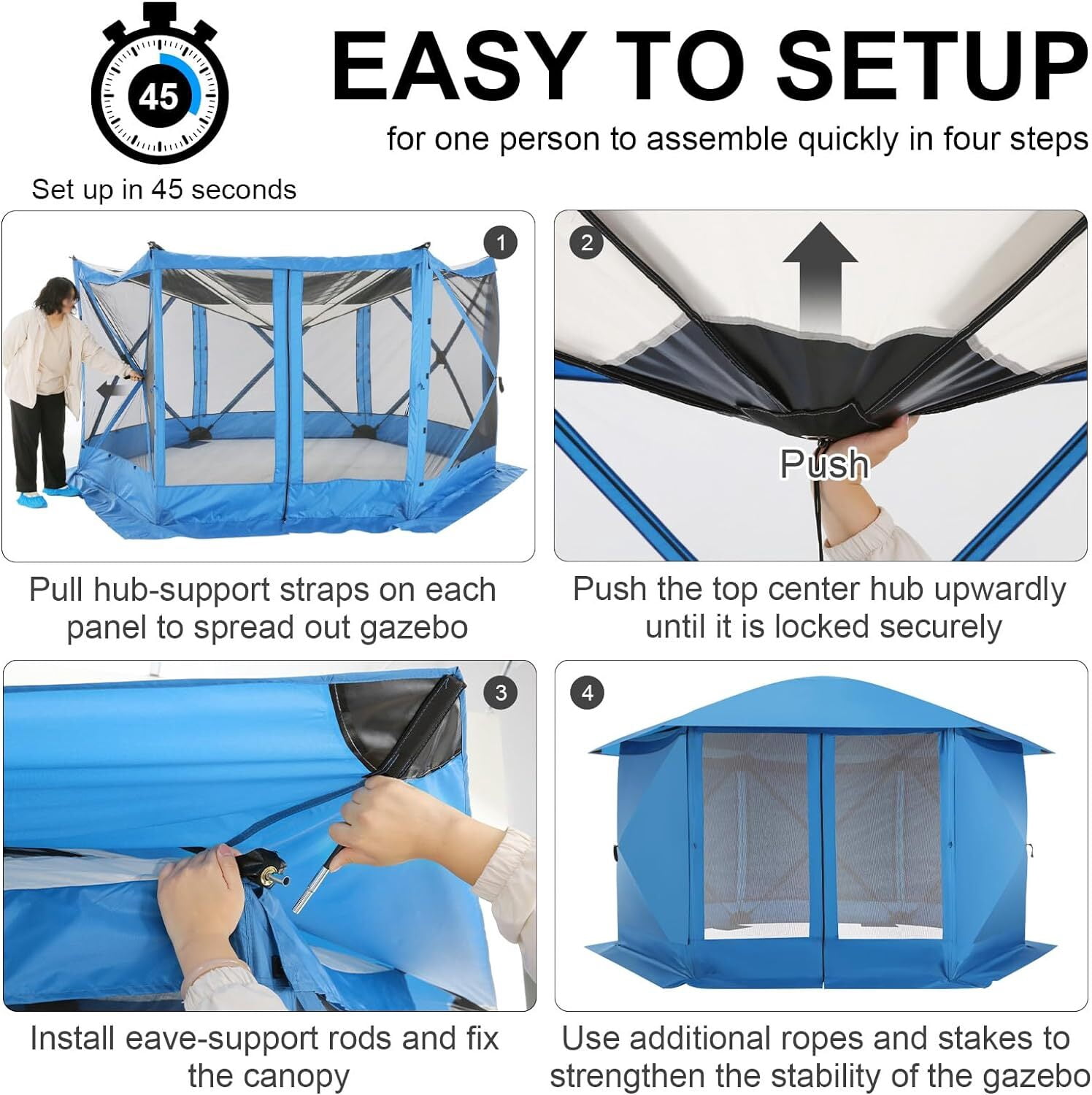 COBIZI 12x12 Pop-up Gazebo Screen Canopy with 5 Sidewalls and Mosquito Nettings for Camping, Tent Instant Screened House with Carrying Bag and Ground Stakes, Blue(Upgraded)