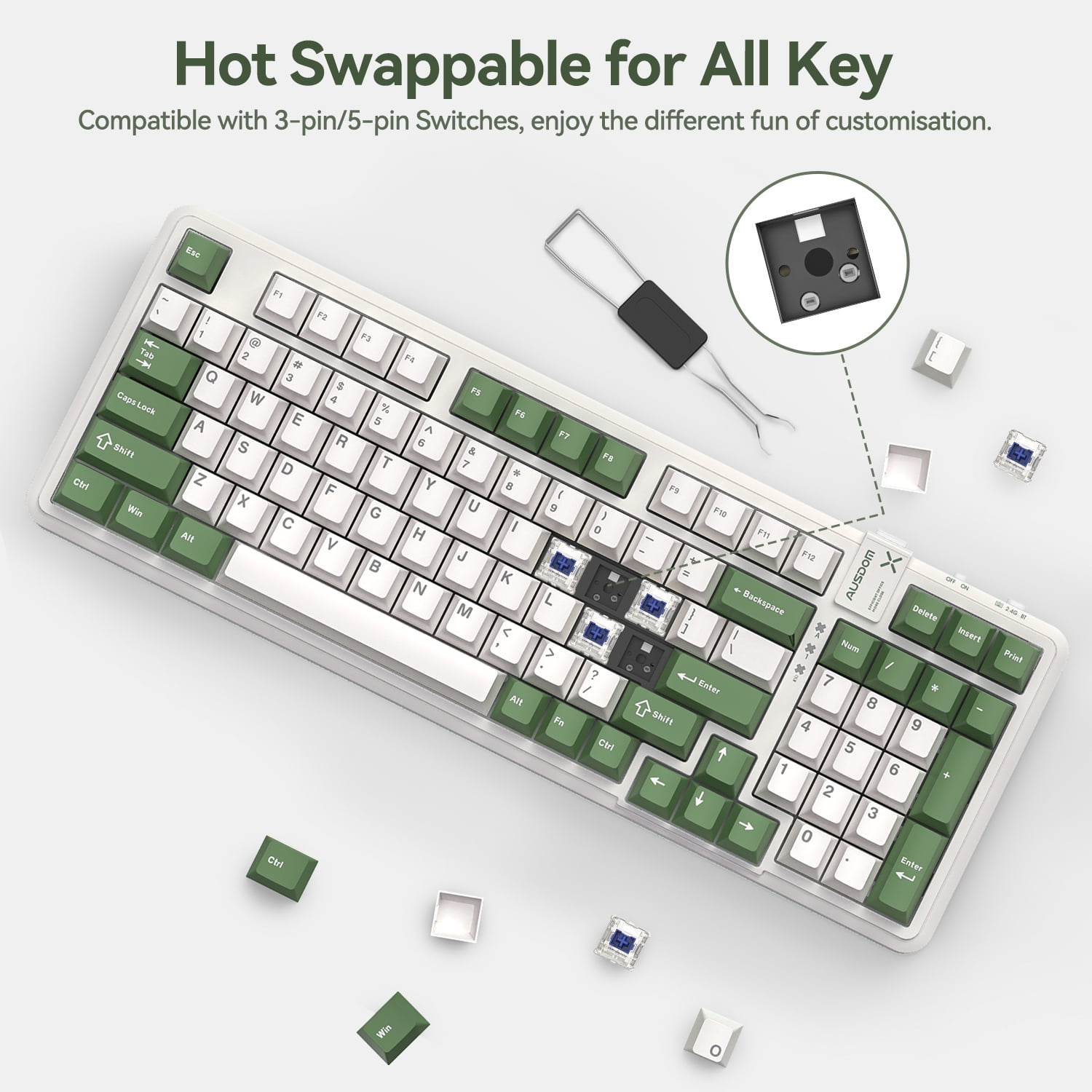 AUSDOM 98Pro Wireless Mechanical Silent Keyboard – 97Keys, Silent Tactile Switches, Hot Swappable, White Backlit, Gasket Structure, Bluetooth/2.4GHz/USB-C, Customizable (Green & White-Silent)