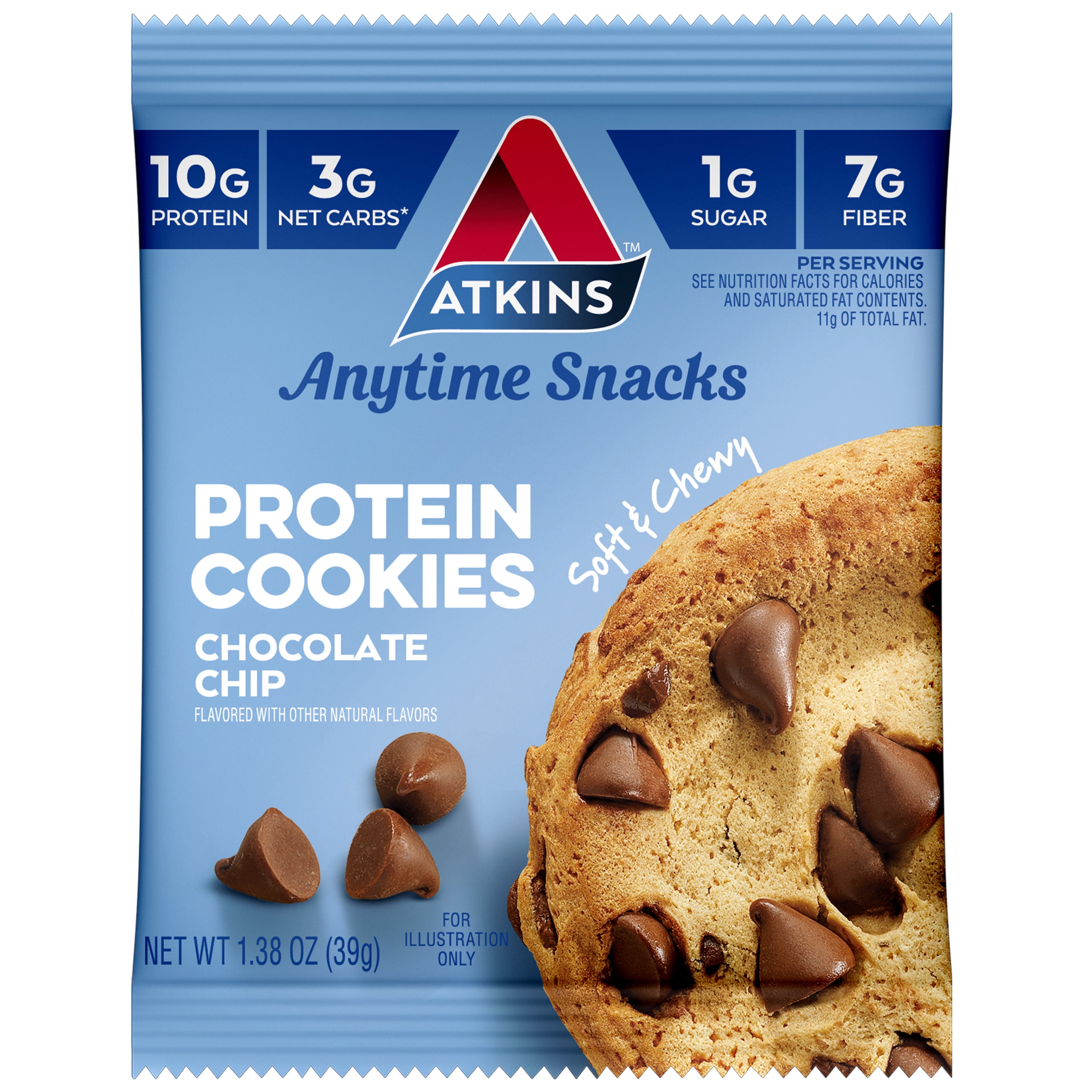 Atkins Chocolate Chip Protein Cookie, Protein Dessert, Rich in Fiber, Low Carb, Low Sugar, Keto Friendly, 6/4 Packs