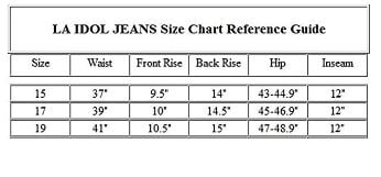 la idol jeans size chart