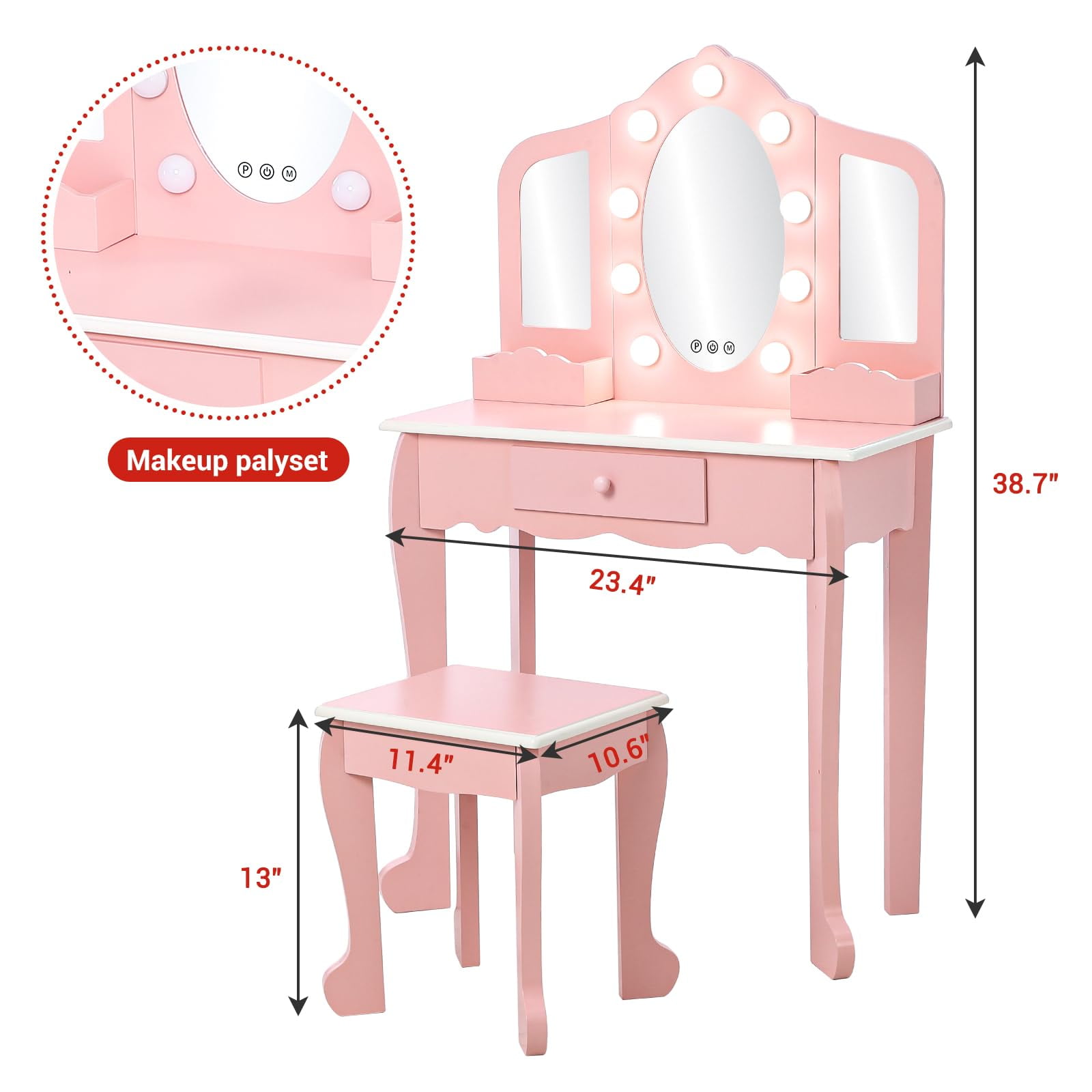 TROPOW Kids Vanity with 3 Mirrors and Stool, Girls Vanity with Wood Makeup PlaySets, Princess Vanity Table for Toddlers,Pink