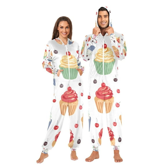 Cup Cakes Adult Onesie Pajamas Slim Fit Christmas One Piece Suit Pjs for Women and Men Hooded Zipper