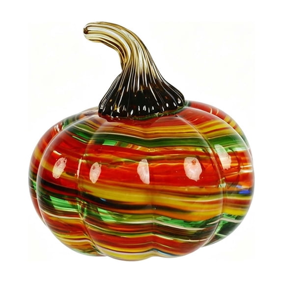 Hand Blown Glass Pumpkin Ornament, Multicolor Swirl Glass Figurine, Fall Harvest Tabletop Decor, Art Glass Pumpkin Statue for Halloween Thanksgiving