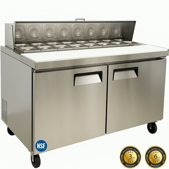 60" Sandwich Prep Table Refrigerator – 2-Door Commercial Stainless Steel with 16 GN Pans, Digital Temperature Control, R290 Refrigerant, 18 Cu.Ft. Lockable Casters