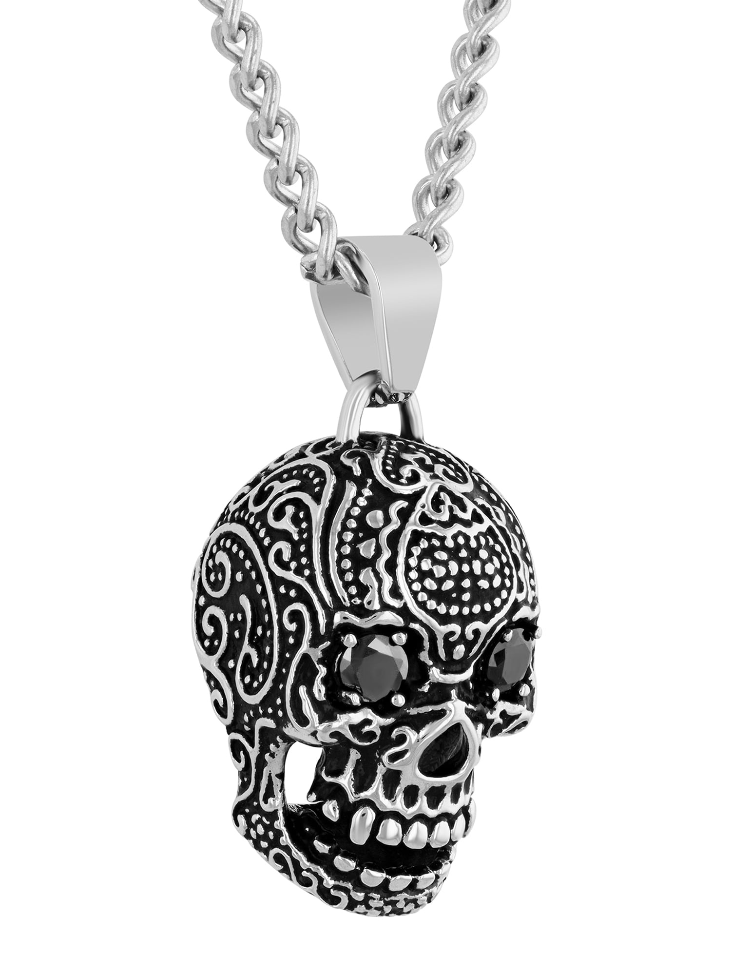 Men's Stainless Steel Skull Pendant with Black Crystals - Believe by Brilliance