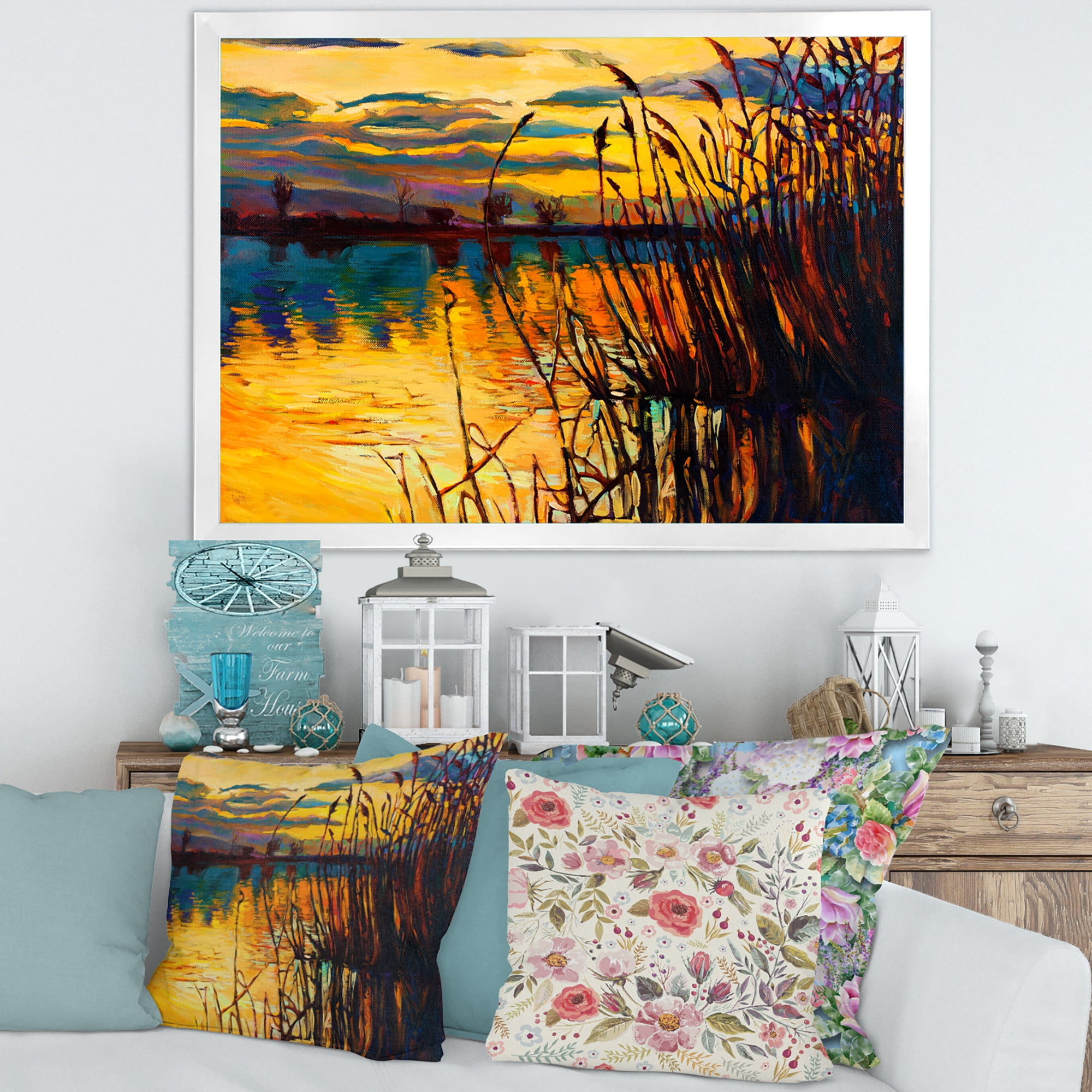 Designart 'Yellow Evening Glow Through The High Grass By The Lake' Nautical & Coastal Framed Art Print