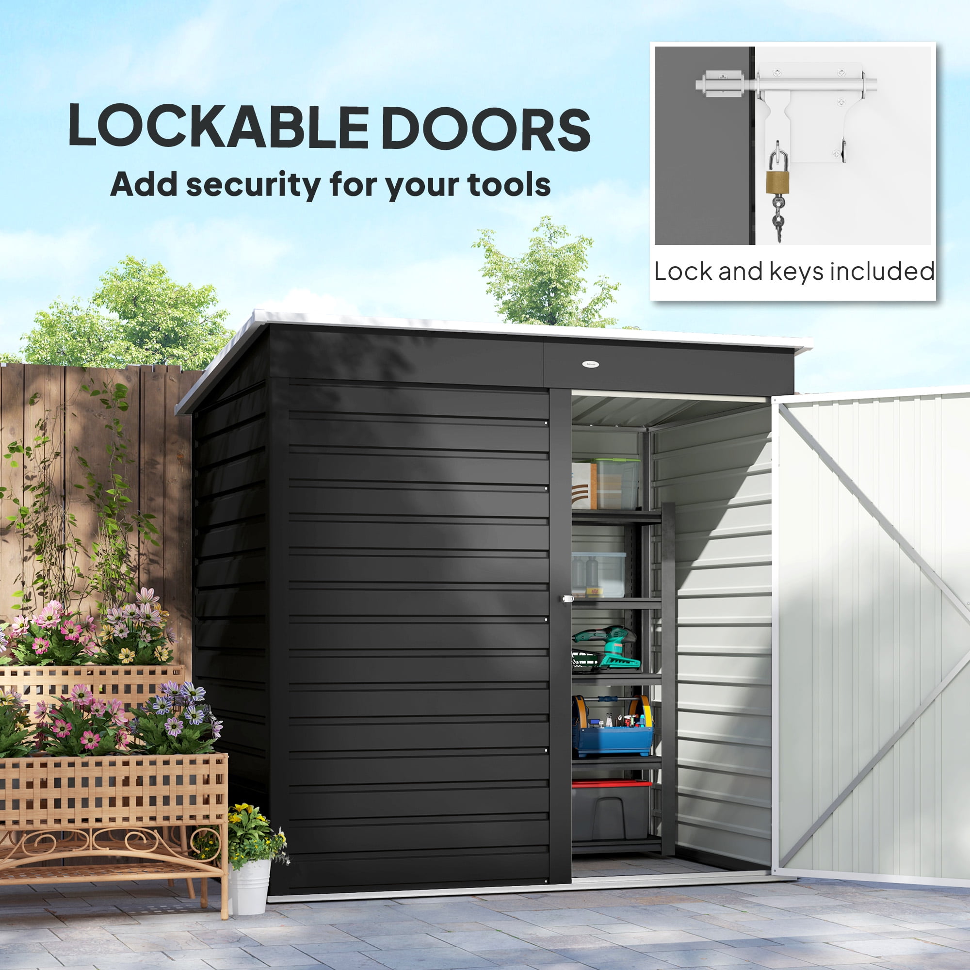 Outsunny 6' x 4' Garden Storage Shed, Outdoor Metal Tool Shed with Lockable Door and Gloves for Backyard Garden Patio Lawn, Dark Gray
