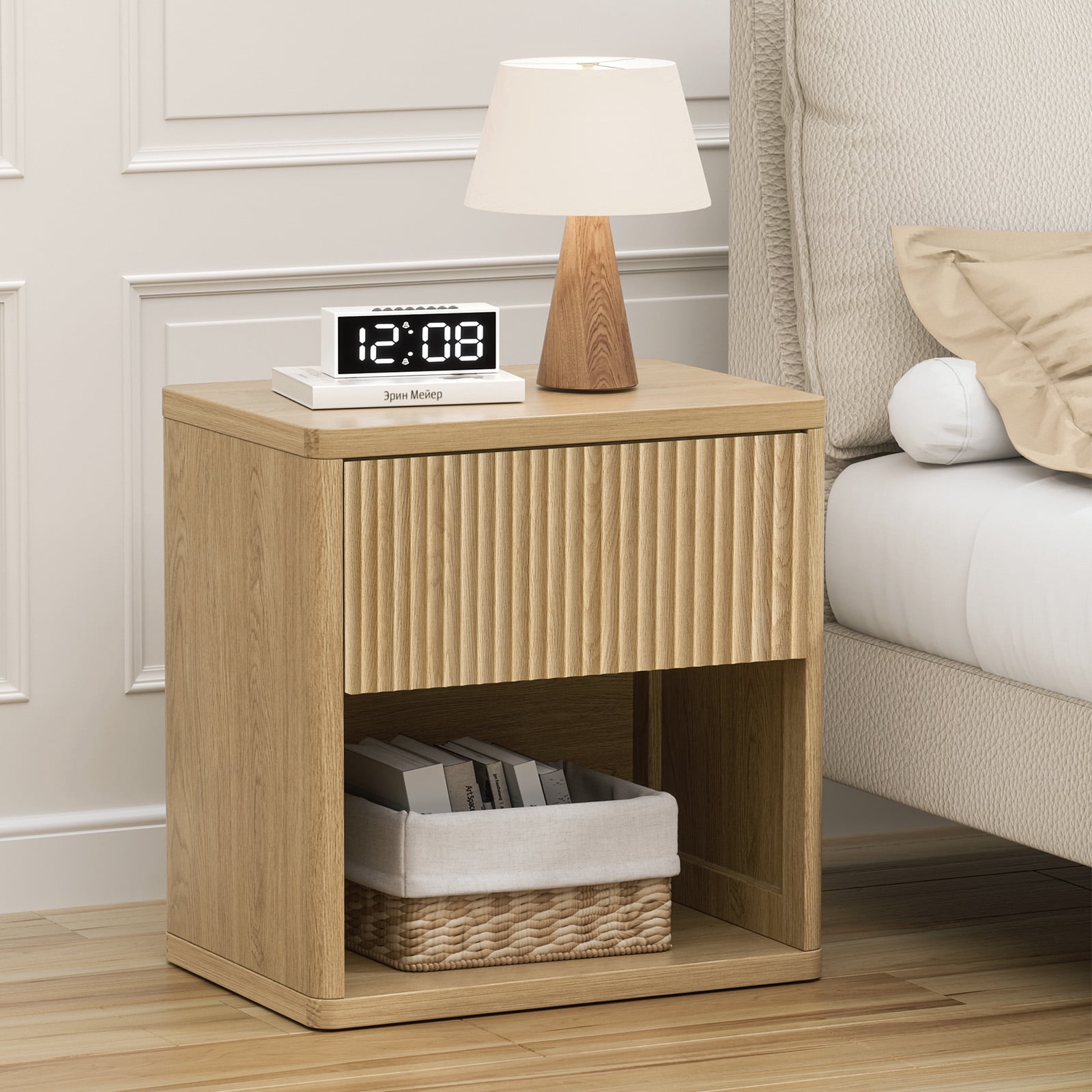 Brafabhome Fluted Nightstands with Drawers for Bedroom, Modern Curved Profile Bedside Table with Open Shelves, Accent End Table with Hidden Drawer for Living Room, Set of 2 | Nature