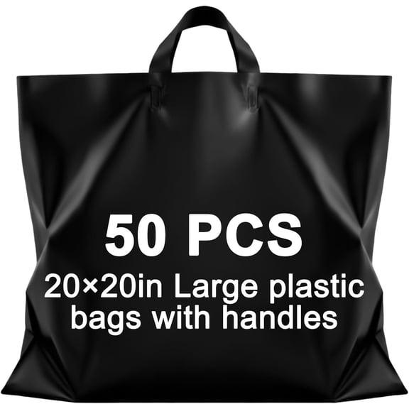 50 Pack 20" x 20" Large Black Plastic Shopping Bags with Handles Merchandise Bags Bulk for Small Business Merchandise Retail Grocery Packaging Giving