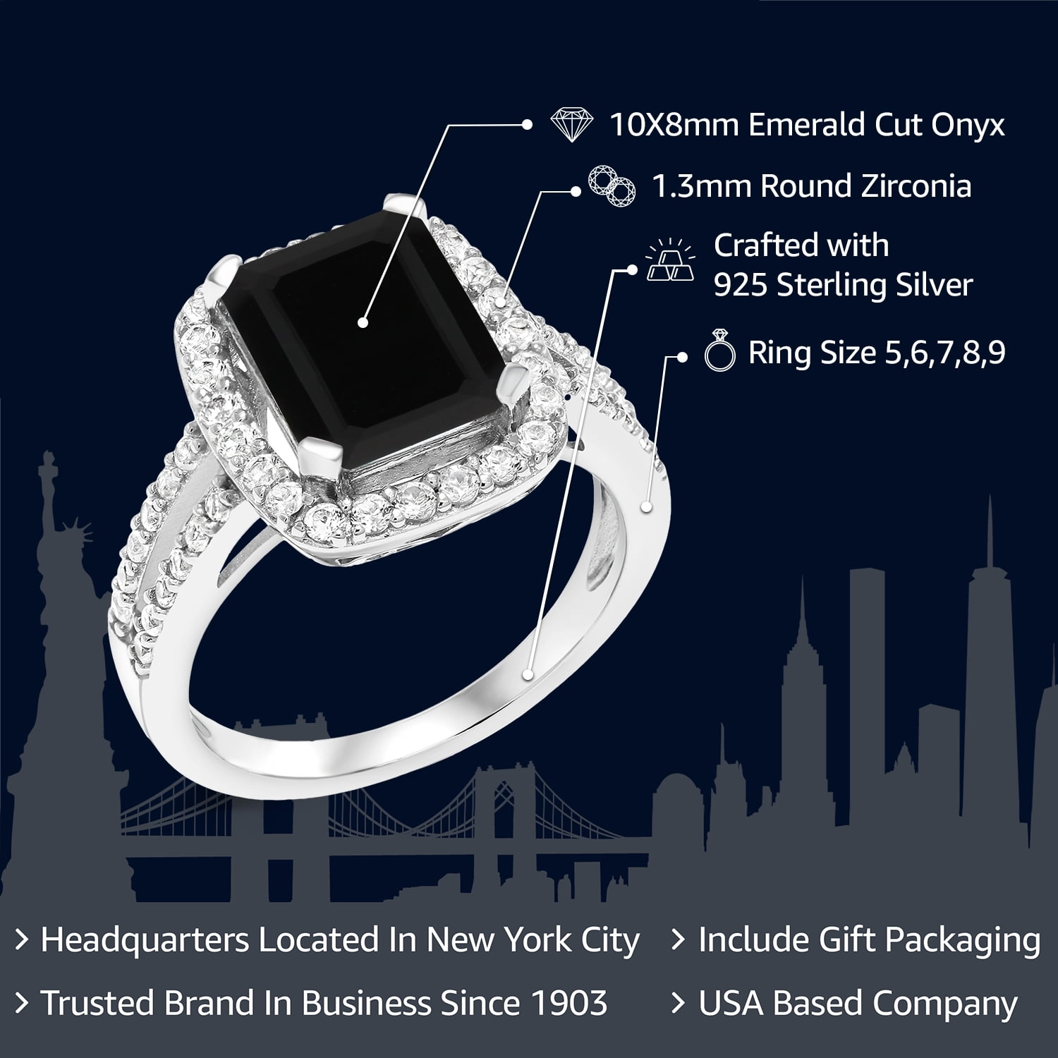 Gem Stone King 3.75 Cttw Black Onyx Engagement Ring for Women | 925 Sterling Silver | Emerald Cut 10X8MM | Gemstone Birthstone | Wedding Engagement Anniversary Promise Ring for Women | Size 7