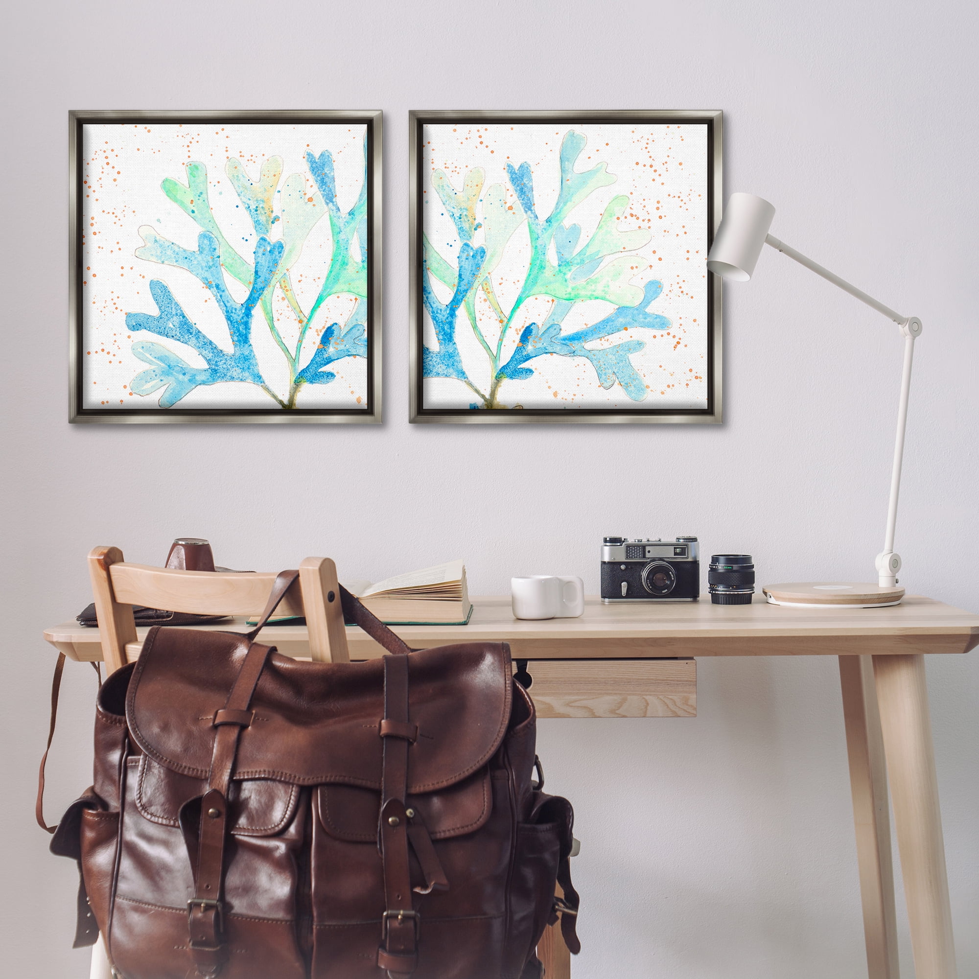 Stupell Industries Speckled Blue Green Coral Plants & Flowers Painting Gray Floater Framed Canvas Art Print Wall Art, 25 x 25, Set of 2