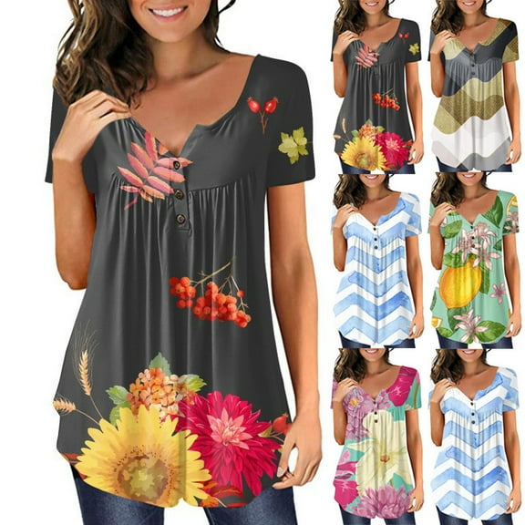 Fesfesfes Women Graphic Tshirt Womens Casual Tops V- Neck Hide Belly Short Sleeve T-Shirts Cute Flowy Tunic Blouses 10(XL)