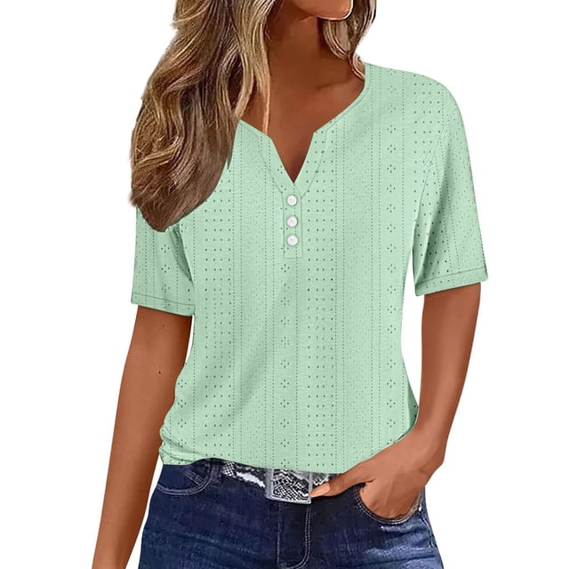 Karight Summer Tops for Women Trendy 3/4 Sleeve v Neck Eyelet Shirts Dressy Casual Holiday Vacation Tunic Blouses