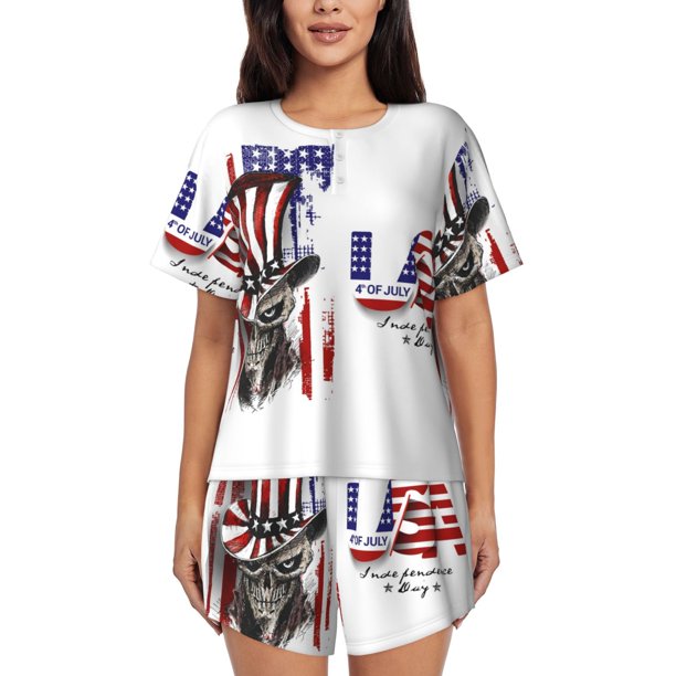 Fotbe Patriotic Skull Art Conjunto de Pijama Estampado para Mujer, 2 Piezas, Ropa de Dormir con Camiseta de Manga Corta y Shorts Suaves-Small