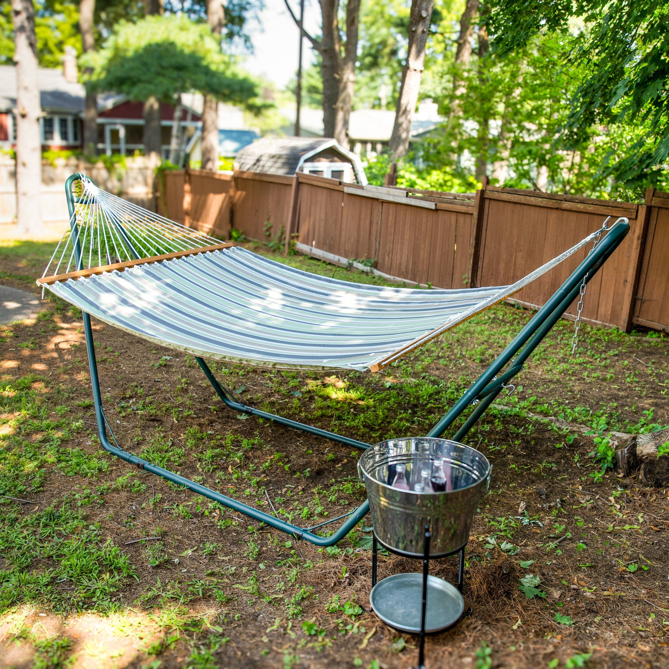 Sunnydaze 2-Person Quilted Polyester Spreader Bar Hammock, 450 lb Capacity - Khaki Stripe