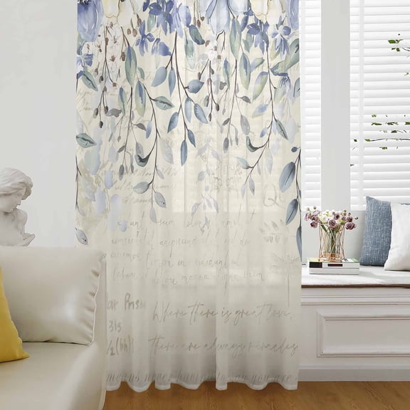 Blue Flower Semi Sheer Curtains Drapes for Living Room, Bedroom, French Doors Window 96 Inches Long, Farmhouse Eucalyptus Retro Country Plant Rod Pocket Chiffon Curtain Drapery Voile Draperies Panel